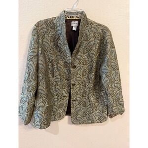 Chico's Paisley Brocade Blazer Women Size 2 Gold Blue Leopard Trim Excellent